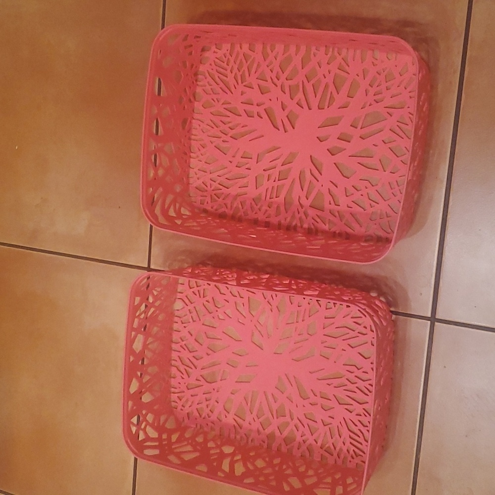 2 Pink Plastic Storage Baskets Bins